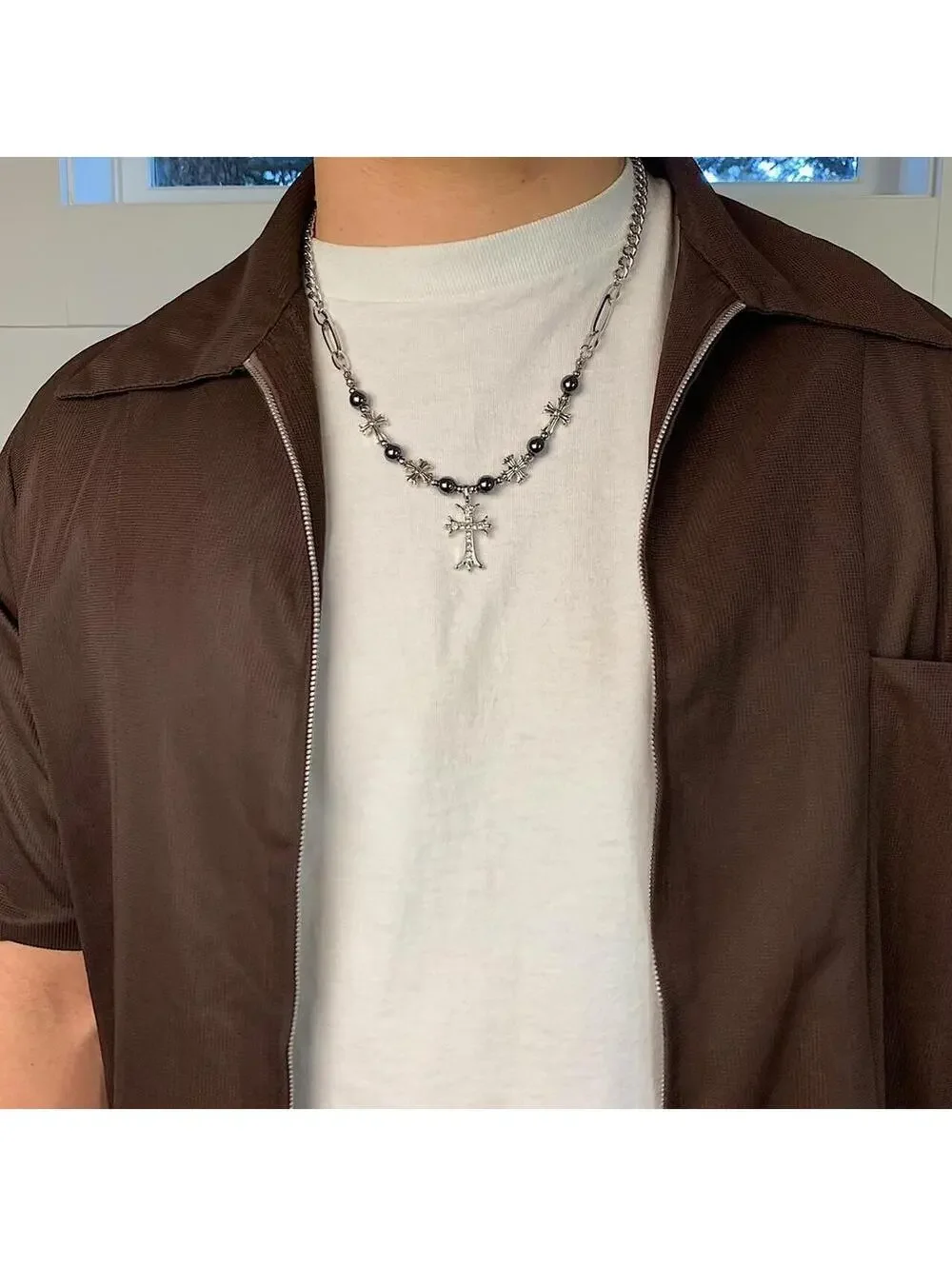 Cyber y2k 2000s style grunge chrome pearl rhinestone silver cross pendant Cuban